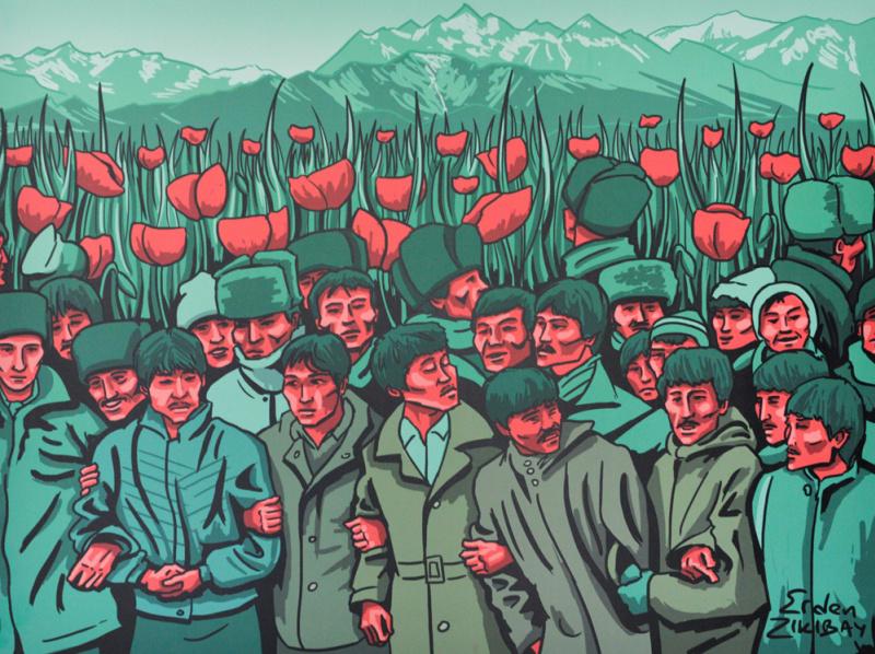 Artwork by Erden Zikibay depicting the Jeltoqsan protesters of December 1986, with red tulips rising behind them